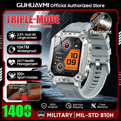 Reloj inteligente militar con batería de 1400 mAh y linterna LED.