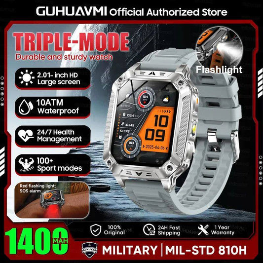 Reloj inteligente militar con batería de 1400 mAh y linterna LED.