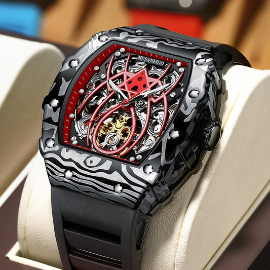 Reloj deportivo calado, automático, mecánico, luminoso, con forma de barril.
