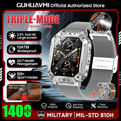 Reloj inteligente militar con batería de 1400 mAh y linterna LED.