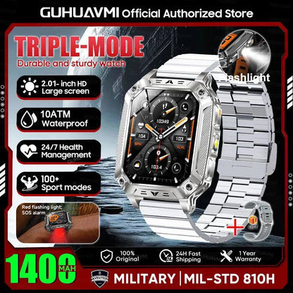 Reloj inteligente militar con batería de 1400 mAh y linterna LED.