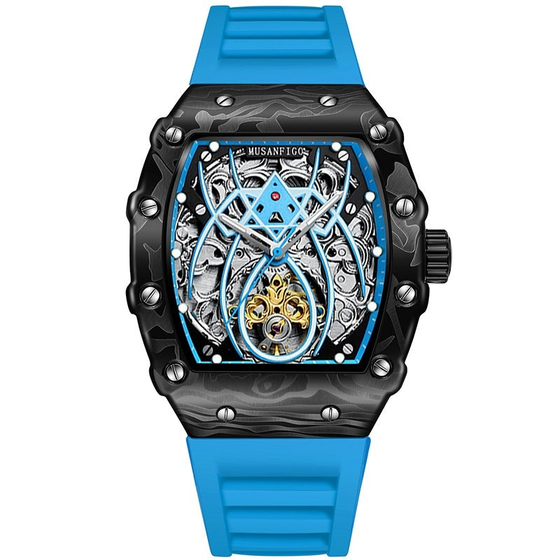 Reloj deportivo calado, automático, mecánico, luminoso, con forma de barril.