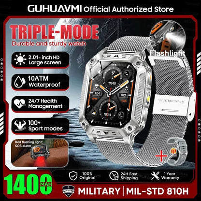 Reloj inteligente militar con batería de 1400 mAh y linterna LED.