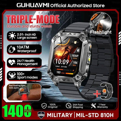 Reloj inteligente militar con batería de 1400 mAh y linterna LED.