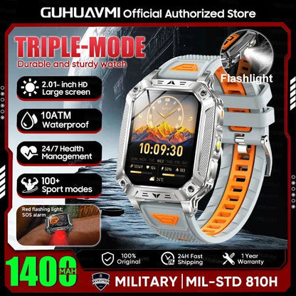 Reloj inteligente militar con batería de 1400 mAh y linterna LED.
