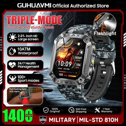 Reloj inteligente militar con batería de 1400 mAh y linterna LED.