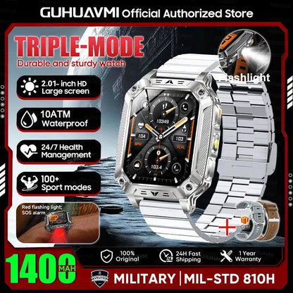 Reloj inteligente militar con batería de 1400 mAh y linterna LED.