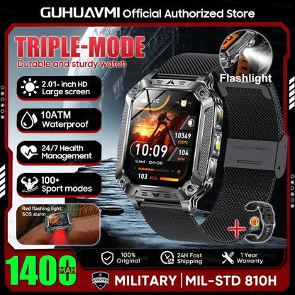 Reloj inteligente militar con batería de 1400 mAh y linterna LED.