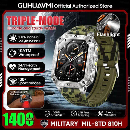 Reloj inteligente militar con batería de 1400 mAh y linterna LED.