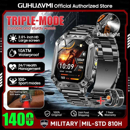Reloj inteligente militar con batería de 1400 mAh y linterna LED.