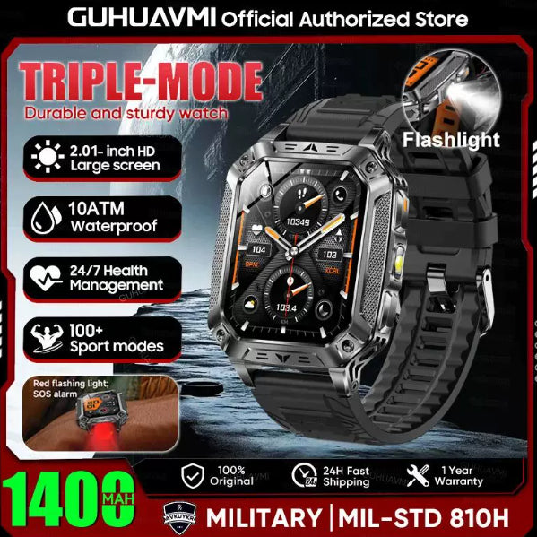 Reloj inteligente militar con batería de 1400 mAh y linterna LED.